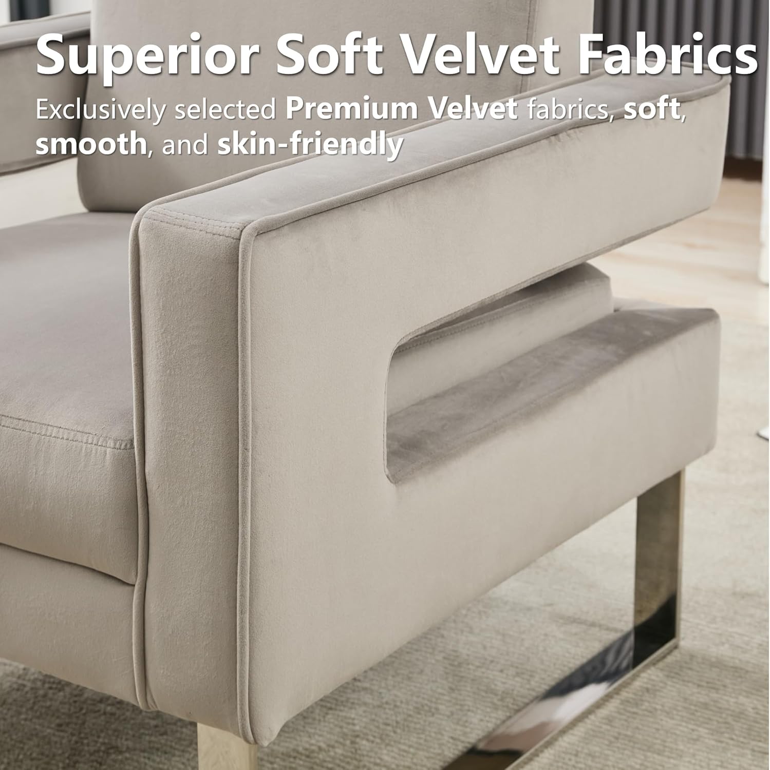 Velvet Accent Chair, Modern Grey Accent Chair for Living Room, Upholstered Living Room Chair for Home Office, Stainless Steel Sliver Base