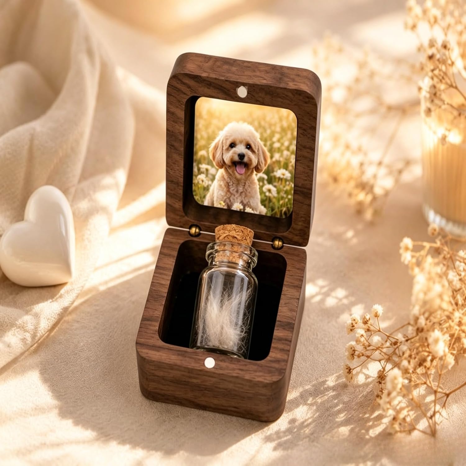 Personalized Pet Fur Keepsake Box with 1/2/3 Bottle,Custom Wooden Memorial Box with Photo&Text for Fur Hair Whiskers Urns,Pet Memorial Gift for Loss of Dog or Cat,Pets Sympathy Gift (Walnut,1/ Bottle)