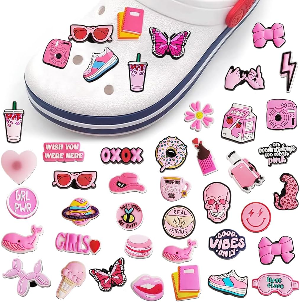 HASTHIP Rubber 35Pcs Pink Shoe Decoration Charms For Bubble Slides Sandals Clogs, Cute Shoe Decoration Charms For Teens Kids Adults, Shoe Accessories Pins Party Favor Birthday Gifts