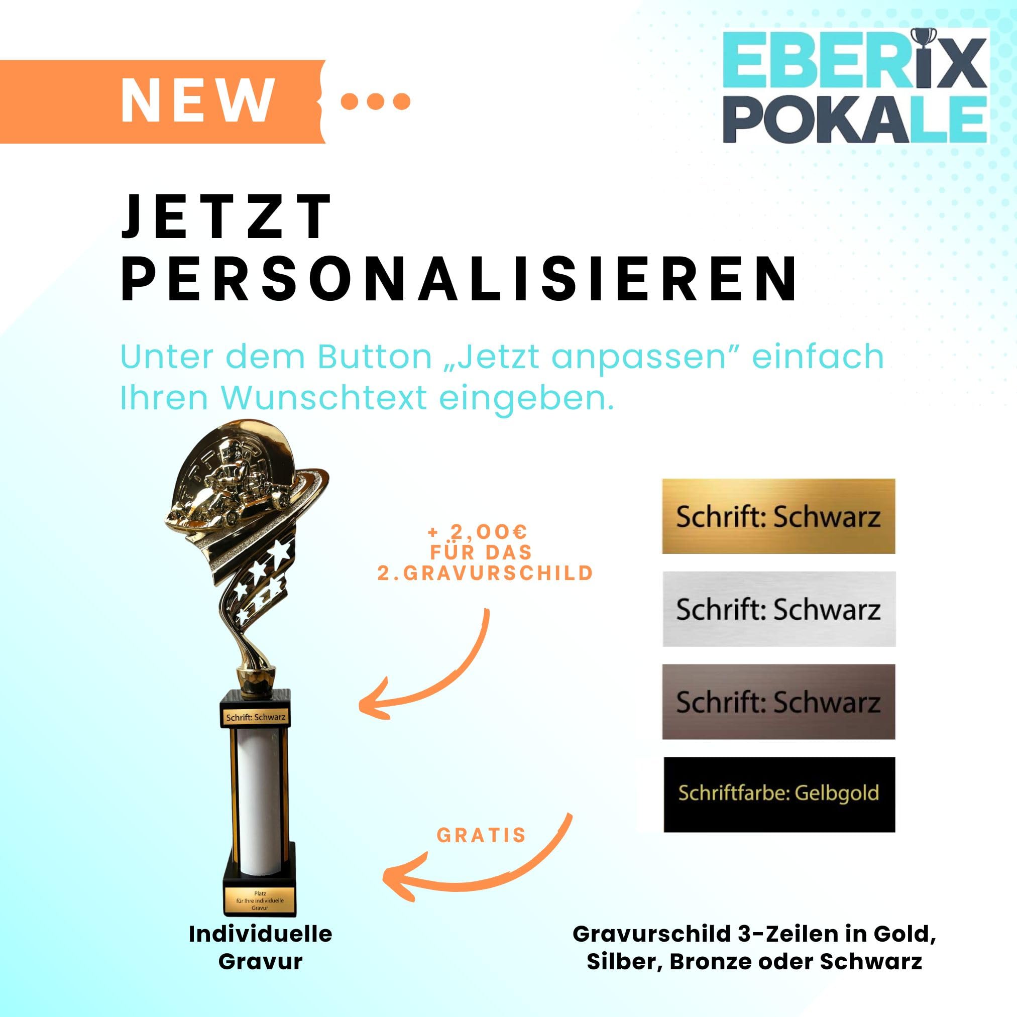 eberix · Go-Kart Motorsport Pokal · mit Wunschgravur · Trophäe mit weißer Glanzsäule · Siegerpokal für Kart-Rennen, Jugendkart, Motorsport-Wettbewerb · personalisierbar ·