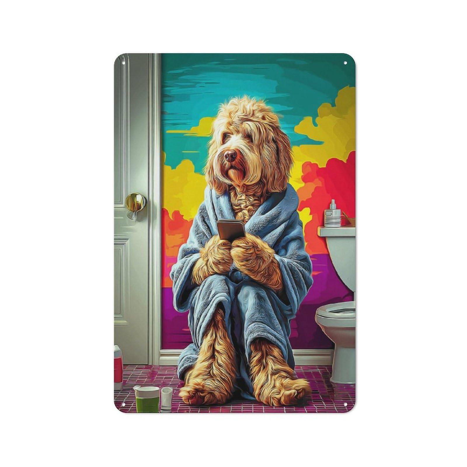 Junmoney Cozy Dog In Robe Reading Phone Retro Metal Sign With Design 30X20cm, Distressed Look Retro Room Decor For Living Room, Hallway, Kitchen Or Cafe
