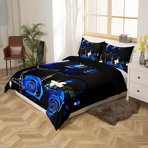 Miniatura 2 de Juego de ropa de cama de rosa azul para niñas y niños, romántica funda de edredón con rosas 3D tamaño King, funda de edredón floral de copa de vino,