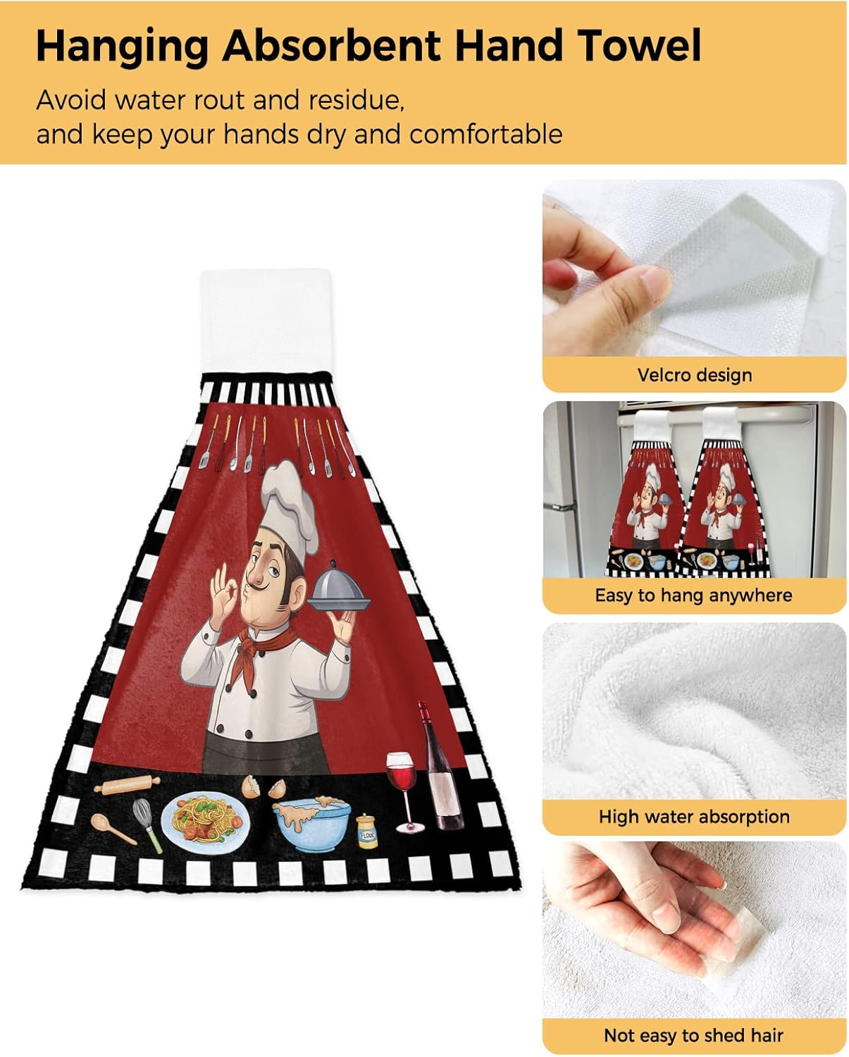 Chucoco Cartoon Chef Gourmet Knife Fork Red Kitchen Hanging Towel, Set of 2 Absorbent Soft Hand Tie Towel Black White Buffalo Check Durable Tea Bar Dish Towels for Bathroom Laundry Room Decor