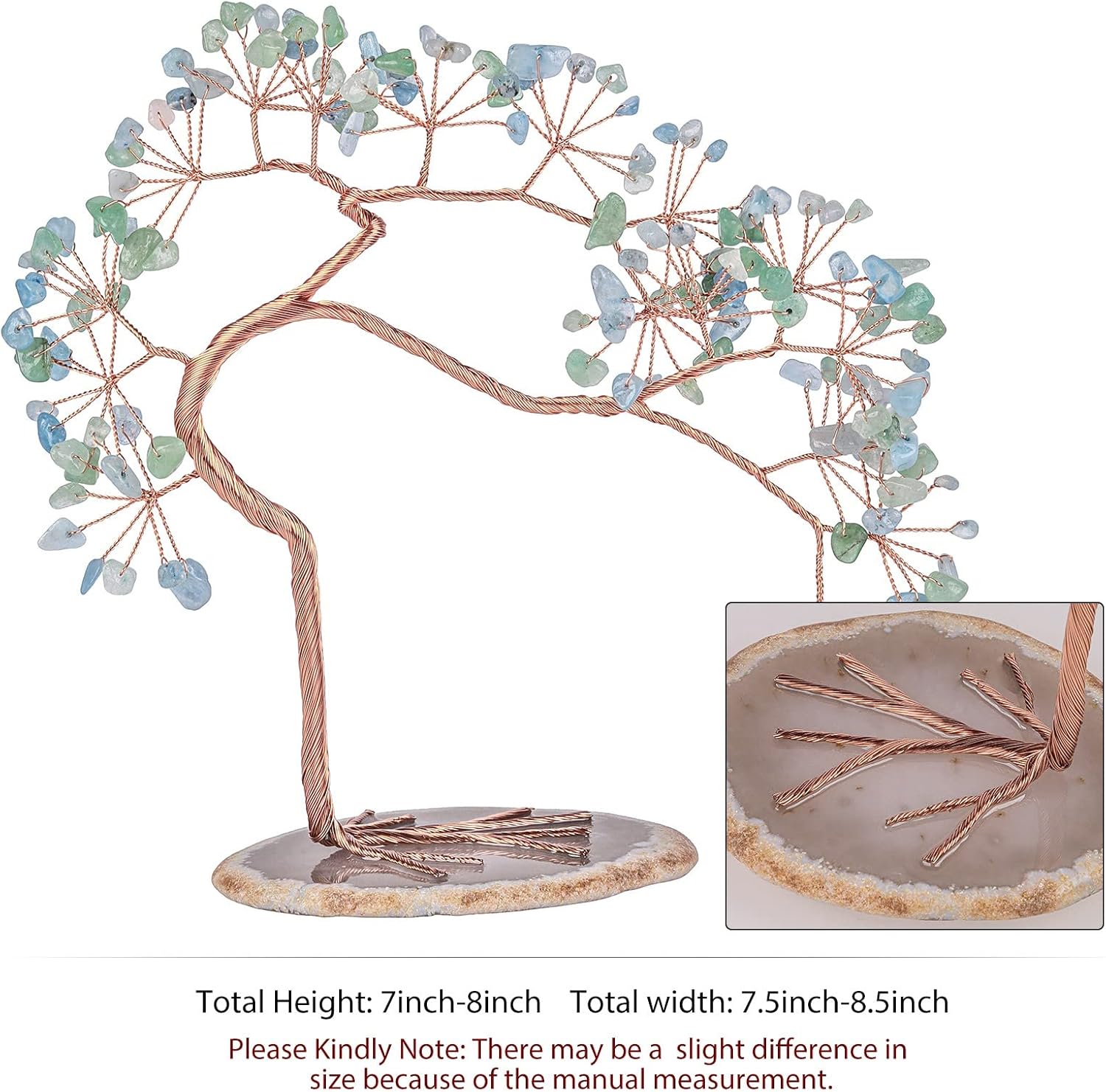 mookaitedecor Natural Green Aventurine & Aquamarine Crystal Tree with Agate Slice Base, Feng Shui Money Tree Bonsai Sculpture for Home Office Altar Table Decoration 7-8 Inch