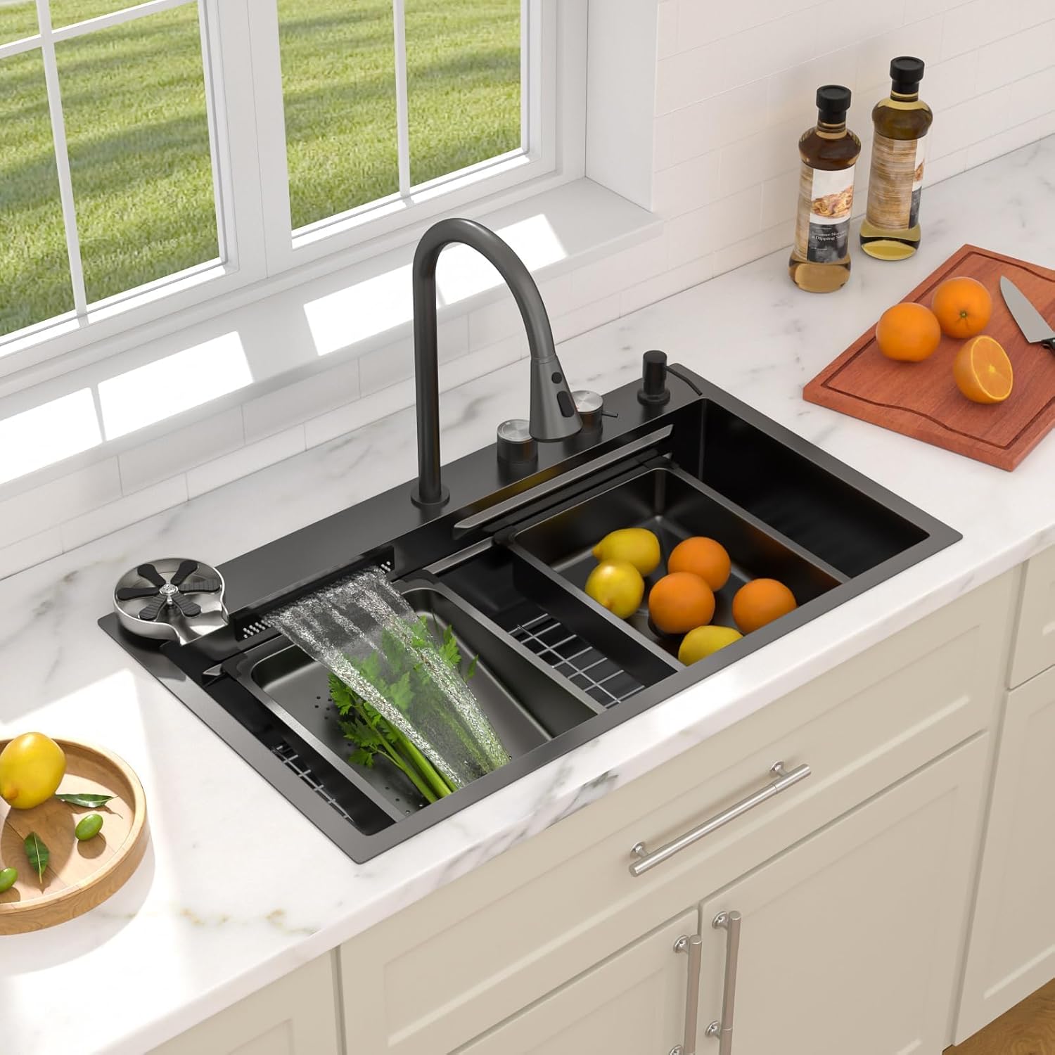 Dcolora 33 Inch Waterfall Kitchen Sink Luxury Black Kitchen Sink Drop In With Faucet Smart Topmount Sinks Workstation Multifunctional Stainless Steel Sink Overmount With Dual Control, DC-SFDOE00025