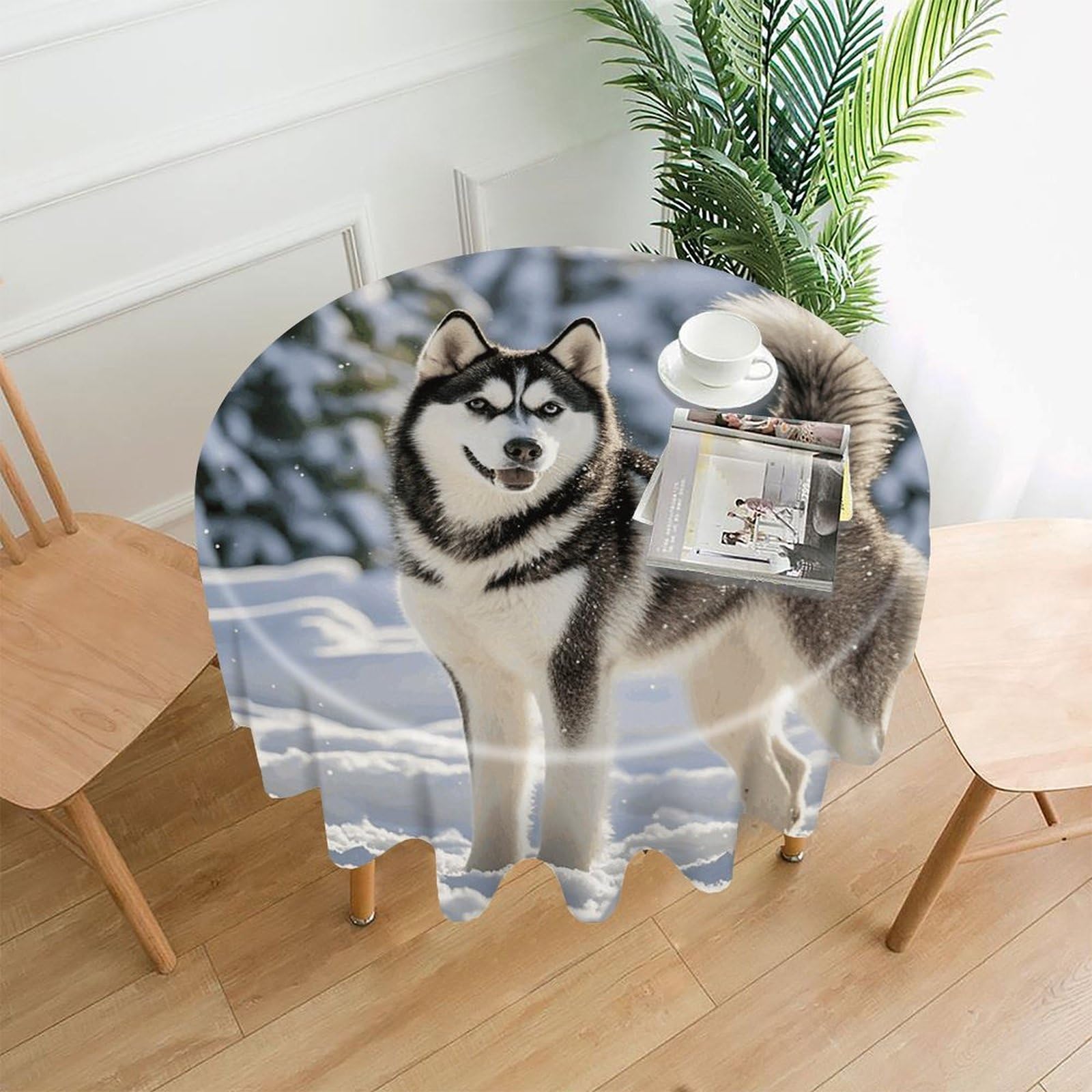LZQPOEAS Husky in Snow Dog Tablecloth Decorative Round Table Cloth Wrinkle Resistant Round Tablecloth Washable Circle Table Cover for Kitchen Dining Party Wedding Camping 60 Inch