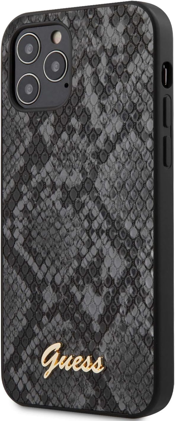 CG MOBILE Guess Phone Case for iPhone 12 Pro Max in Black Python Pattern, PU Leather Protective & Anti-Scratch Case with Accessible Ports, Shock Absorption & Signature Logo