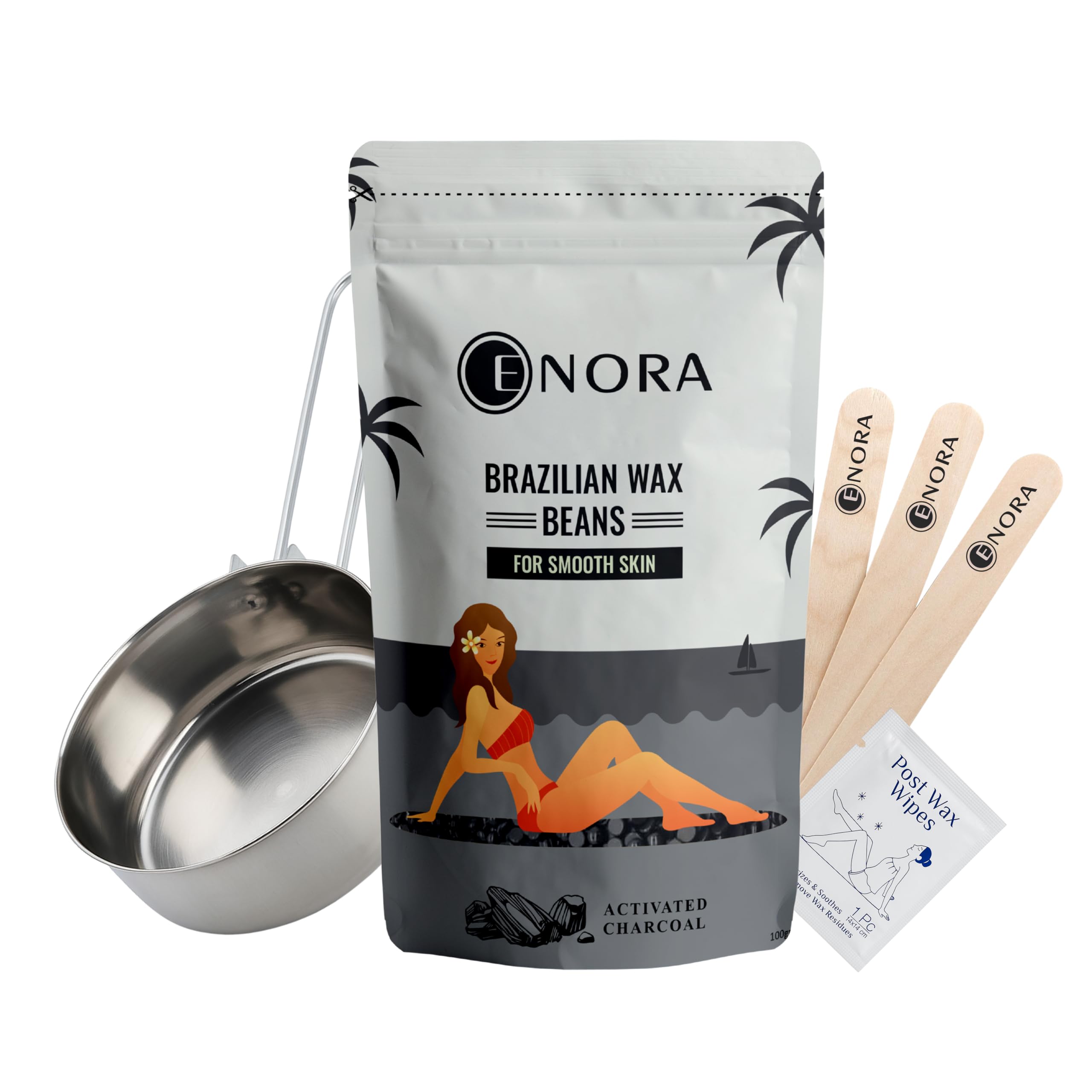 ENORA Brazilian Face Wax/Katori Wax for Women (100g) | India’s 1st Liposoluble Stripless Wax | Pan with Handle & Spatula | Natural Ingredients | For Bikini Area & Arm pit (ACTIVATED CHARCOAL)