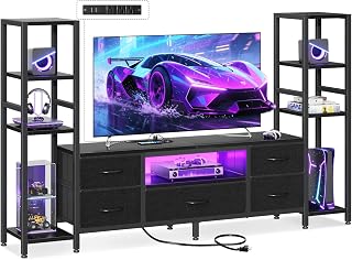 Casaottima TV Stands for 43-50 Inch TV, Entertainment Center with LED Lights & Power Outlets, TV Stand Living Room with 5 Fabric Drawers, TV Console Cabinet for Bedroom, Black