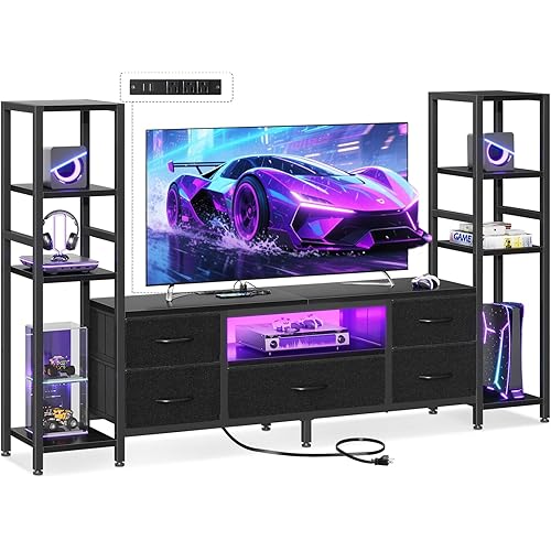 Casaottima 71" TV Stands for 43, 50, 55 Inch TV Entertainment Center with LED Lights and Power Outlets, TV Stand for Living Room with 5 Fabric Drawers & Shelf, TV Console Cabinet for Bedroom, Black