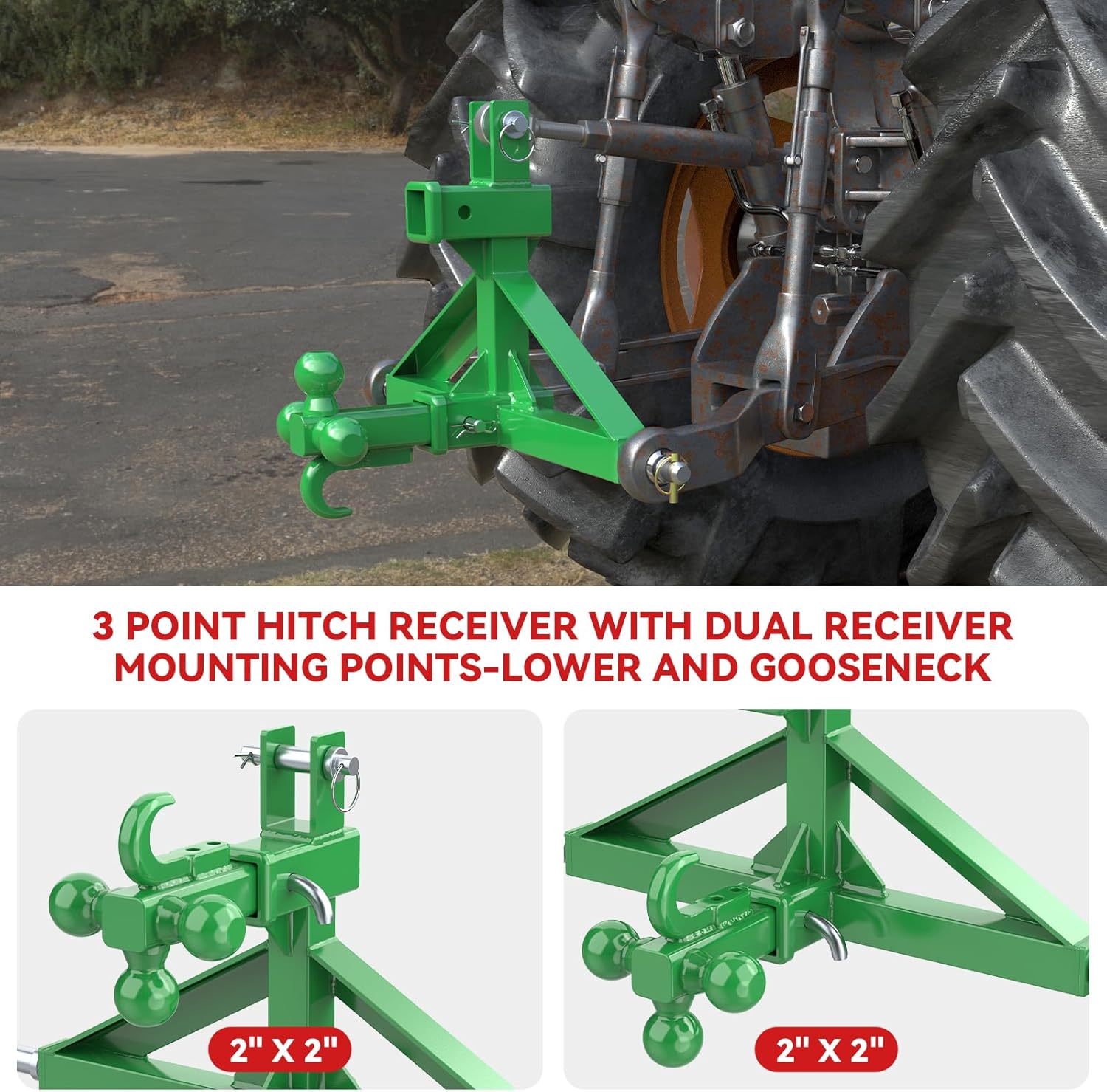 Green 3 Point Hitch Receiver Dual 2” Receiver with Tri-Ball & Hook, Heavy-Duty 3 Point Quick Hitch Category 1, 3 Point Hitch Attachments Fit Gooseneck, 5th Wheel & Ball Hitch, Fit Category 1 Tractors
