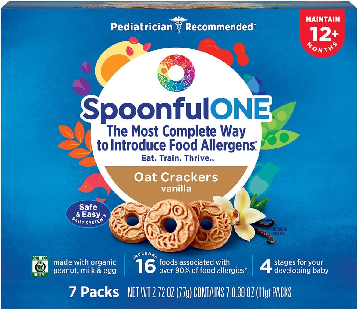 SpoonfulONE Food Allergen Introduction Oat Crackers | Smart Feeding Snack for a Toddler or Baby 12+ Months | Certified Organic (Vanilla - 7 Pack)