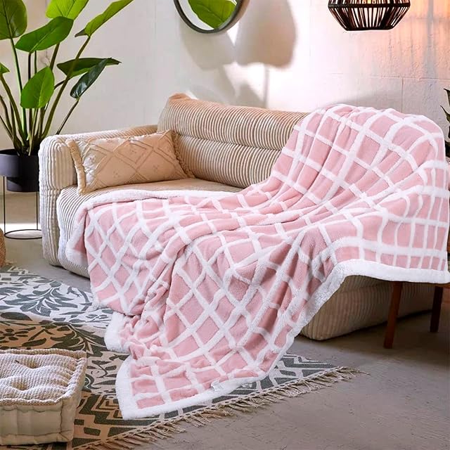 Pink Sherpa Fleece Throw Blanket Fluffy Plaid Large Textured Checkered Winter Warm Women Girl 130×150CM Plush Fuzzy Double White Blanket Super Soft Couch Sofa Throw