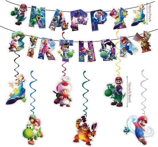 For Latest Mario Happy Birthday Banner, Party Decoration With 6 Vortex Decorative Pendants