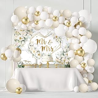 MEHOFOND 113pcs White Floral Wedding Balloons Arch Kit, Mr and Mrs Banner Backdrop, Flowers Hearts Geometric Bride to Be Party Decorations, Engagement White and Gold Balloons Garland Party Decor