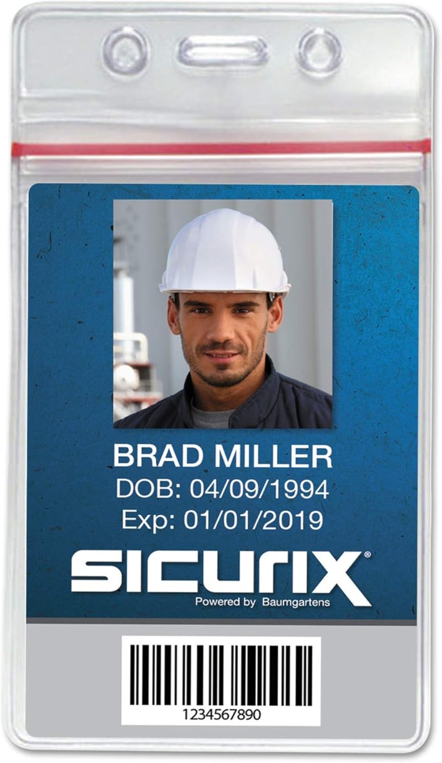 Baumgartens Sicurix Sealable Vertical Zip Closure Badge Holder, 3-3/4 X 2-5/8 in, Vinyl, Pack of 50