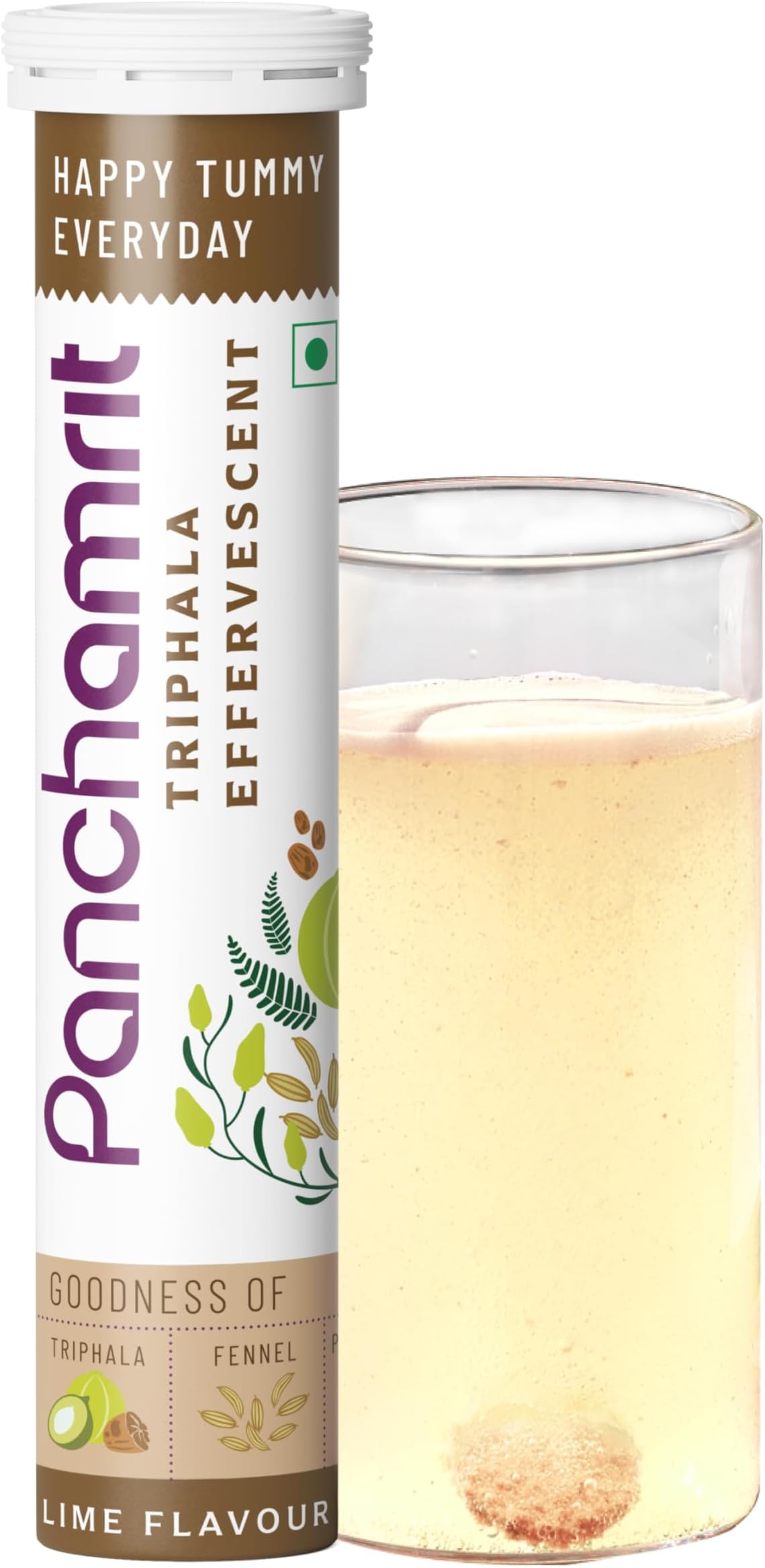 Panchamrit Triphala Powder Effervescent Tablet | Constipation Relief & Colon Cleanse | Ayurvedic Digestive Supplement with Triphala Churna, Elaichi, Saunf & Prebiotics | For Men & Women | 20 Tabs