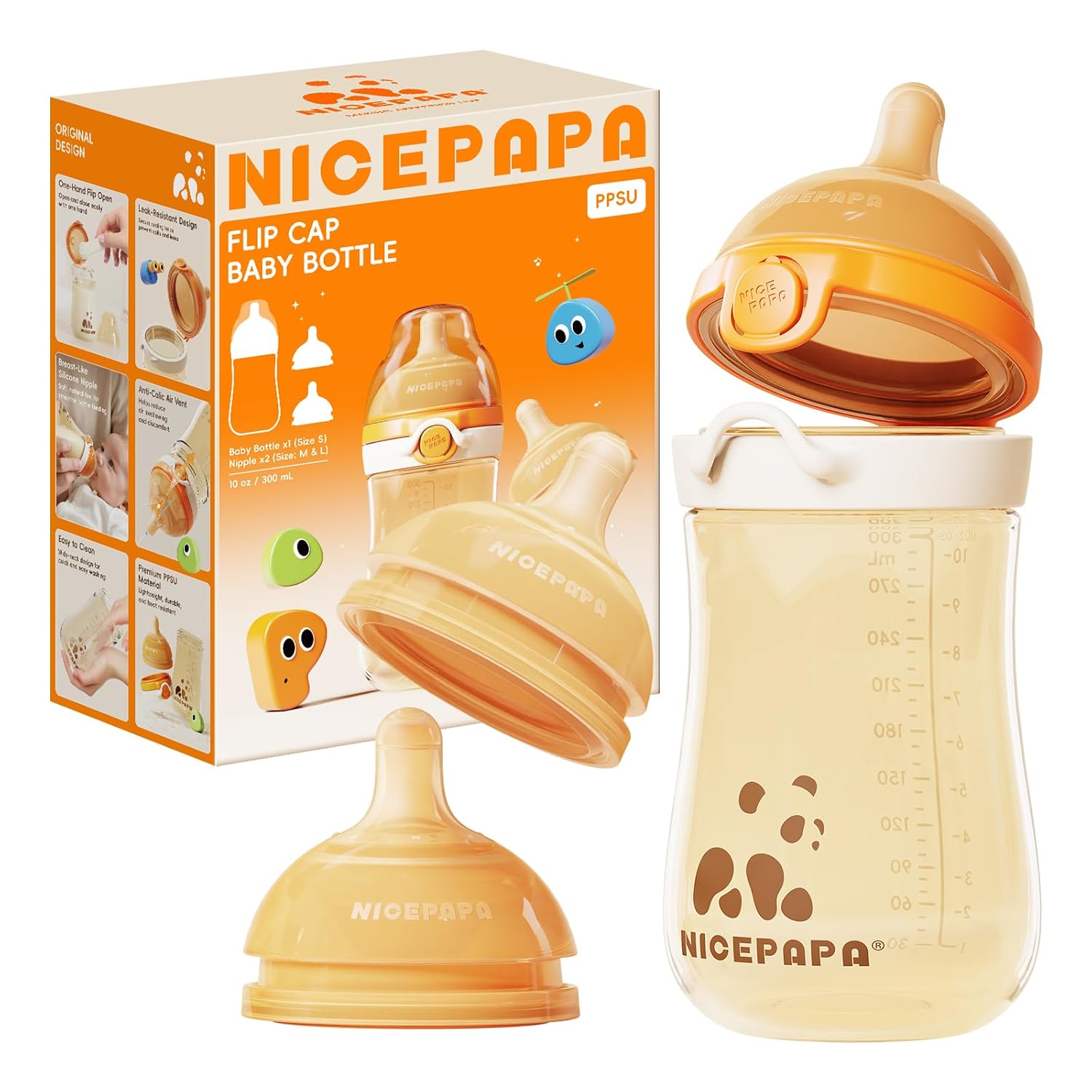 10oz Flip-Top PPSU Baby Bottle with S/M/L Flow Breast‑Like Nipples