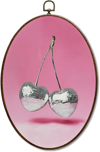 JQF Decoración de pared ovalada de cereza disco retro a la moda, arte de pared en lienzo ovalado para el día de San Valentín, decoración enmarcada