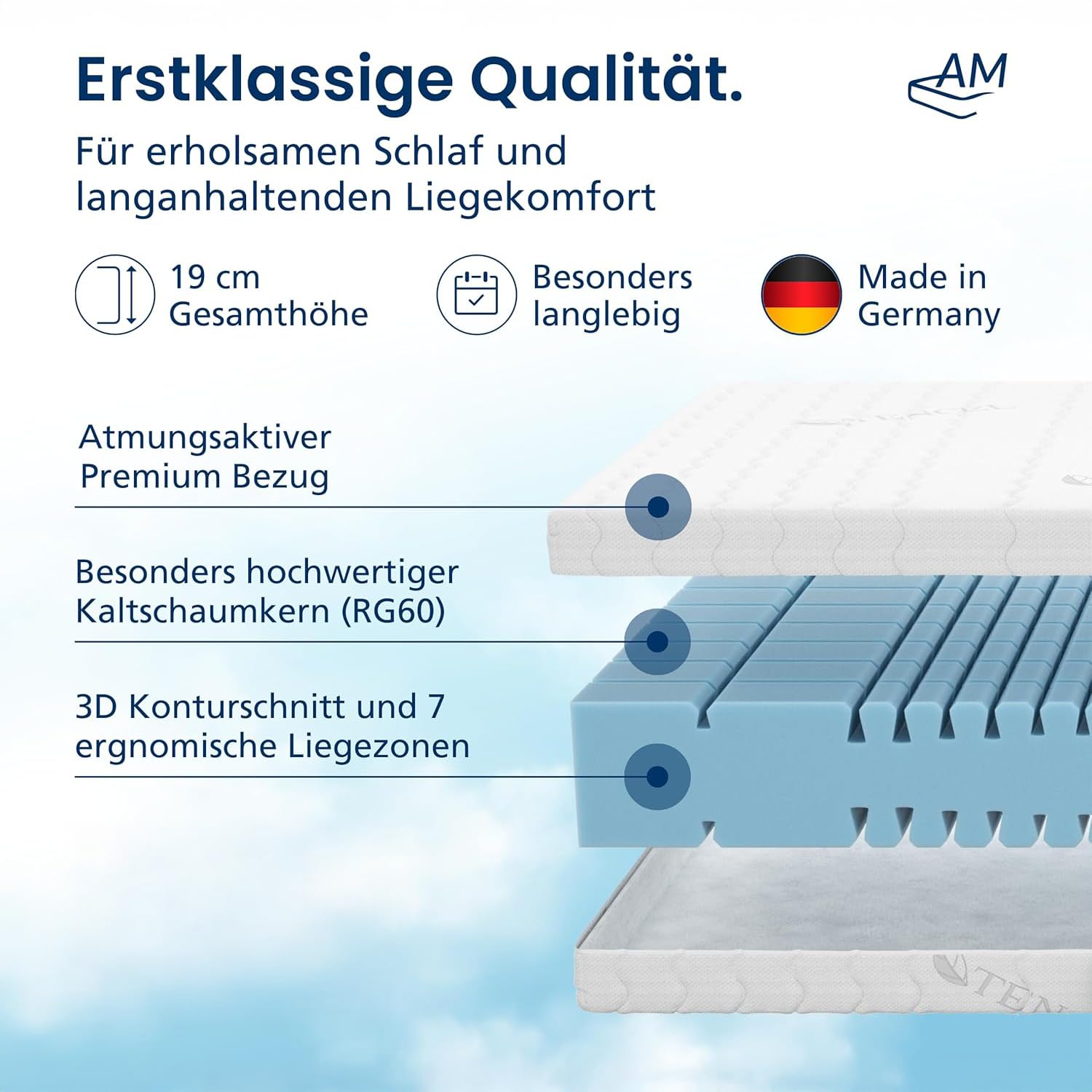 AM Qualitätsmatratzen Premium 7 Zonen Kaltschaummatratze 90x200 H2 - Made in Germany - Oeko TEX zertifizierte Matratze Kaltschaum 90x200-19 cm Hoch - Ergonomische Matratze 90x200cm