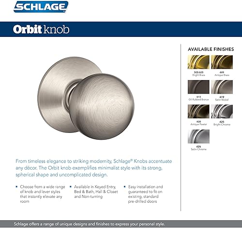 Miniatura 2 de Schlage F10 CSV ORB 626 Commercial Series Orbit - Pomo de puerta de entrada, cerradura de paso para pasillo y armario, cromo satinado