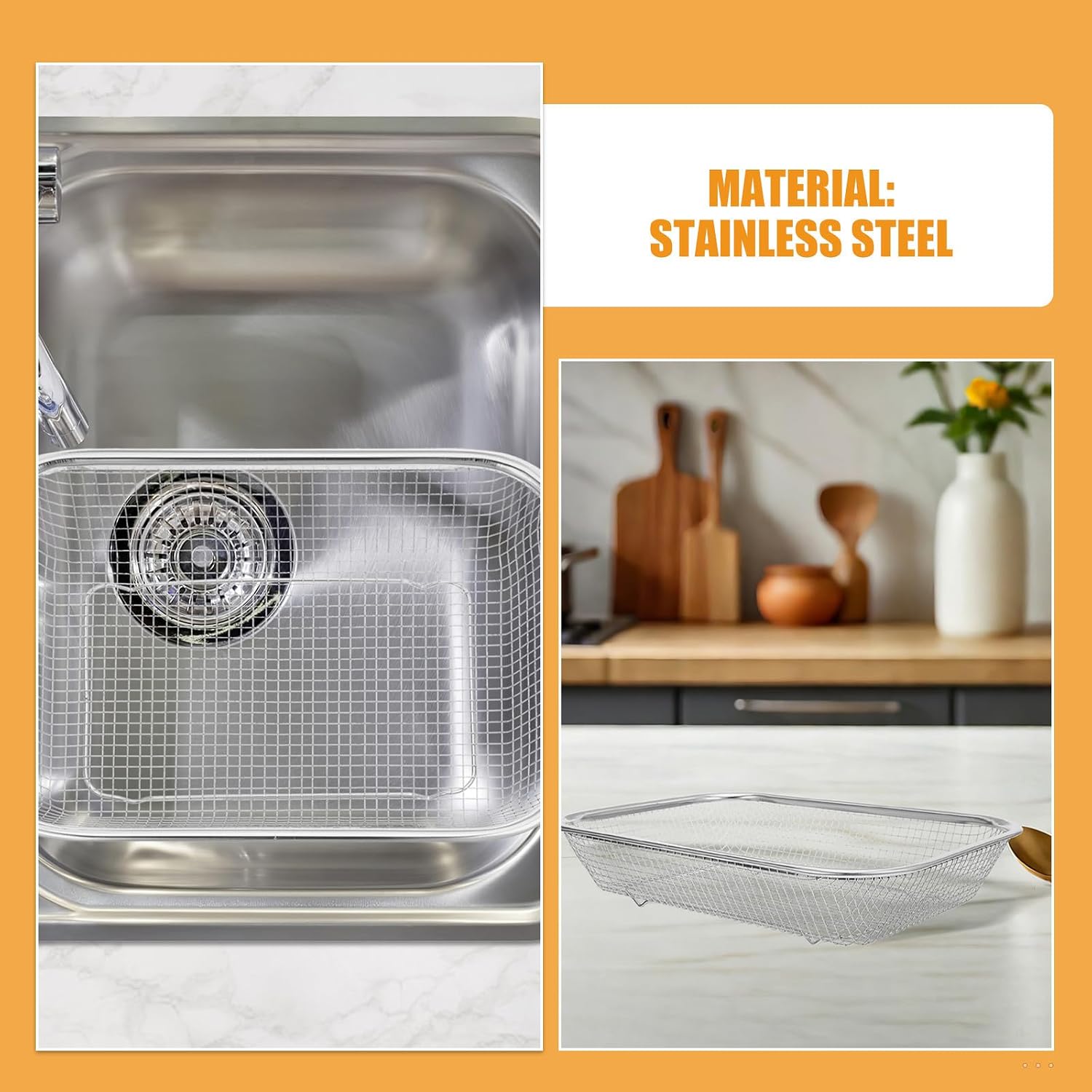 KICHOUSE 3pcs Stainless Steel Kitchen Colander Basket Set, Heavy Duty Rectangular Strainers with Large Capacity for Vegetables and Food Prep, Easy Cleaning Sink Drain Baskets in Silver
