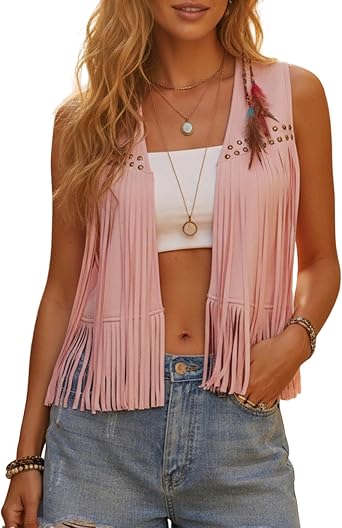 Womens Tassel Fringe Vest Top 70s Hippie Cowgirl Western Outfits Sleeveless Faux Suede Jacket
