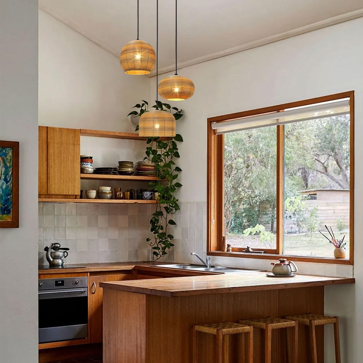 3-Light Chandelier Vintage Rattan Pendant Light Fixtures Hand Woven Boho Rattan Light Fixtures Ceiling Hanging, Farmhouse Chandelier for Dining Room Kitchen Island Bedroom