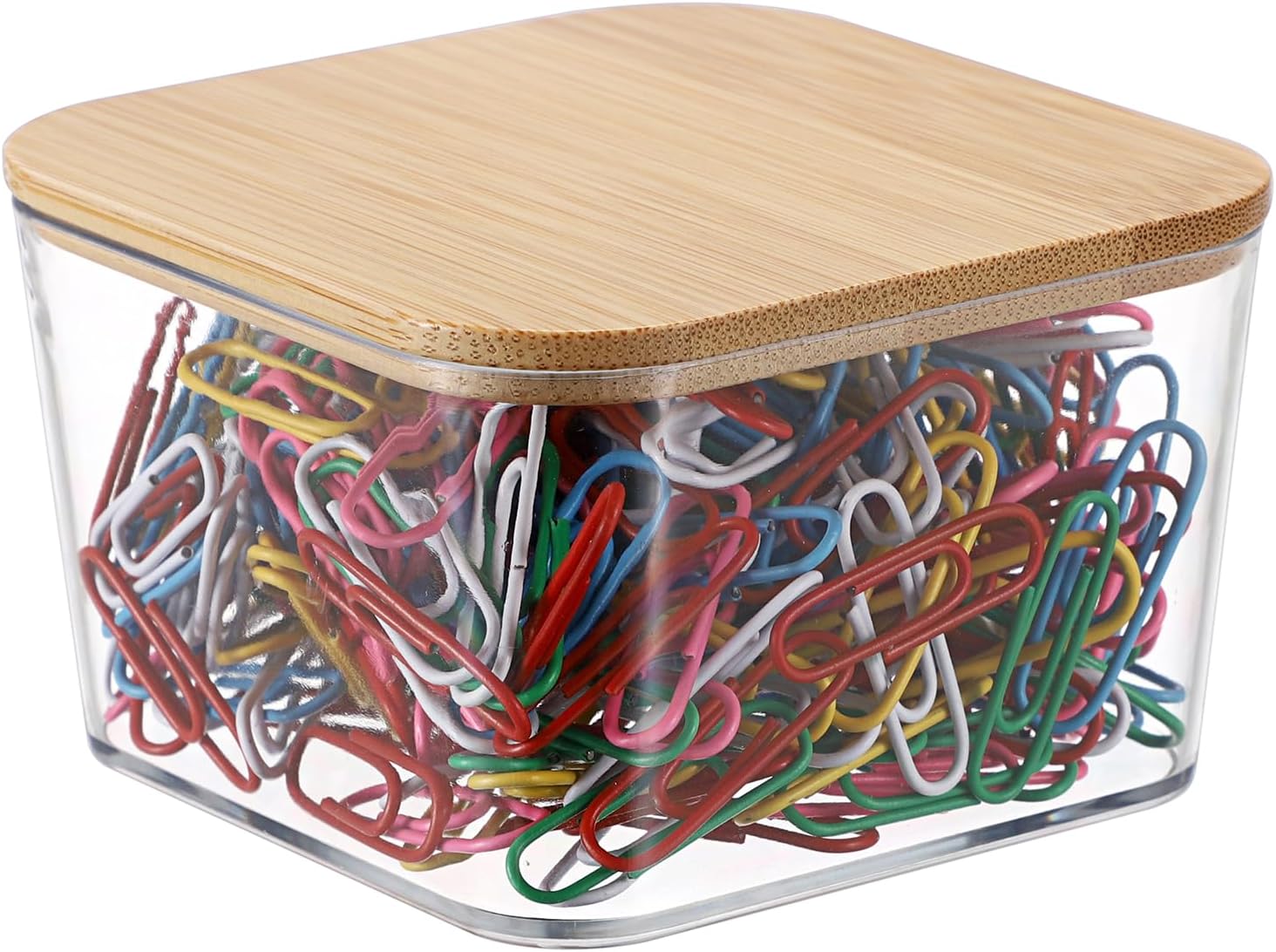 BTSKY 1 Pack Clear Stackable Paper Clip Holder with Bamboo Lid Paperclip Box Plastic Cute Office Supply Accessory Organizer Square Small Storage Holder Cute Qtip Holder for Office Bathroom Vanity