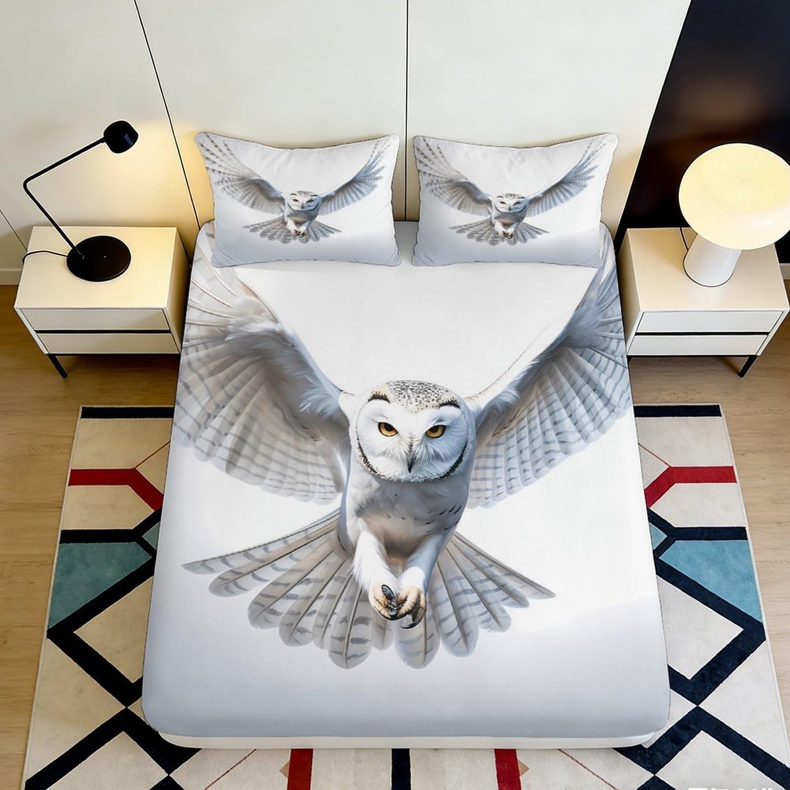 Pnayamiorkfel Style-10 3D Printed Snowy Owl Fitted Sheet Microfiber Soft Breathable Flying Owl Mattress Cover For Bedroom Guest Room Dorm Decor 90X200x25cm