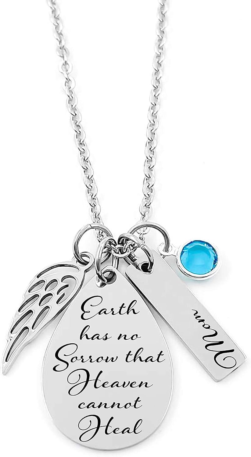 Memorial Necklace for Loss of Loved One – “Earth Has No Sorrow That Heaven Cannot Heal” – Personalized Sympathy Gift with Name, Birthstone, Angel Wing & Teardrop Pendant – Grief Jewelry