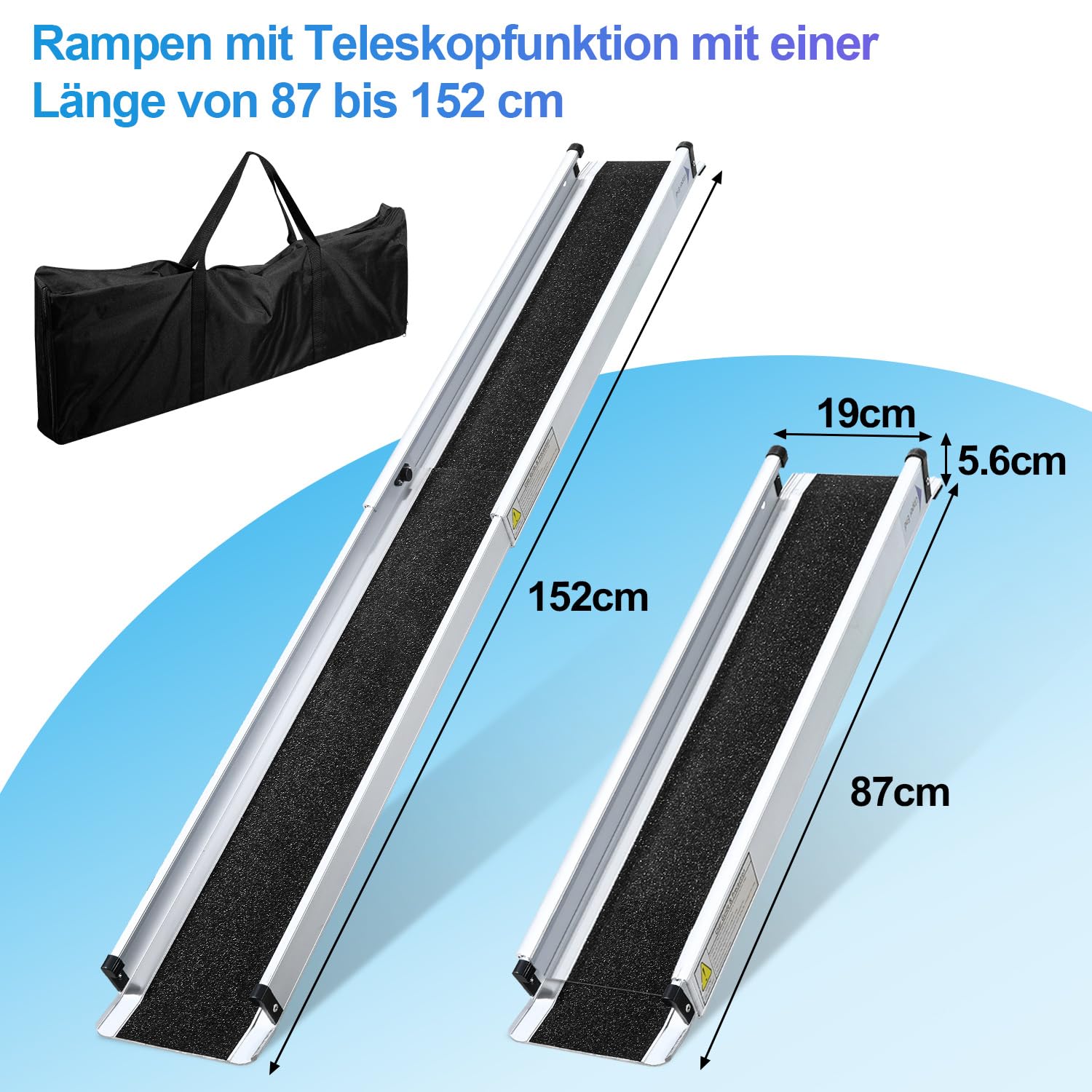 2 rampas telescópicas para sillas de ruedas de 87 a 152 cm, rampa telescópica de aluminio de hasta 300 kg, rampa antideslizante para silla de ruedas plegable con bolsa de transporte