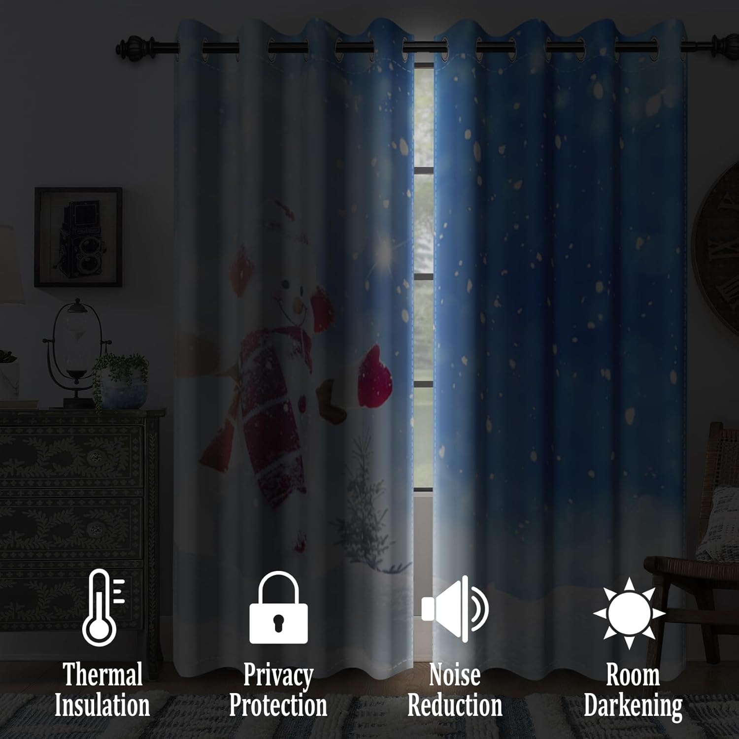 Renaiss Winter Cute Snowman Blackout Curtains for Bedroom Christmas Snowflake Window Curtain Falling Snow Bokeh Window Drapes for Living Room Decor Darkening Curtains 2 Panels Set, 42x63 Inch