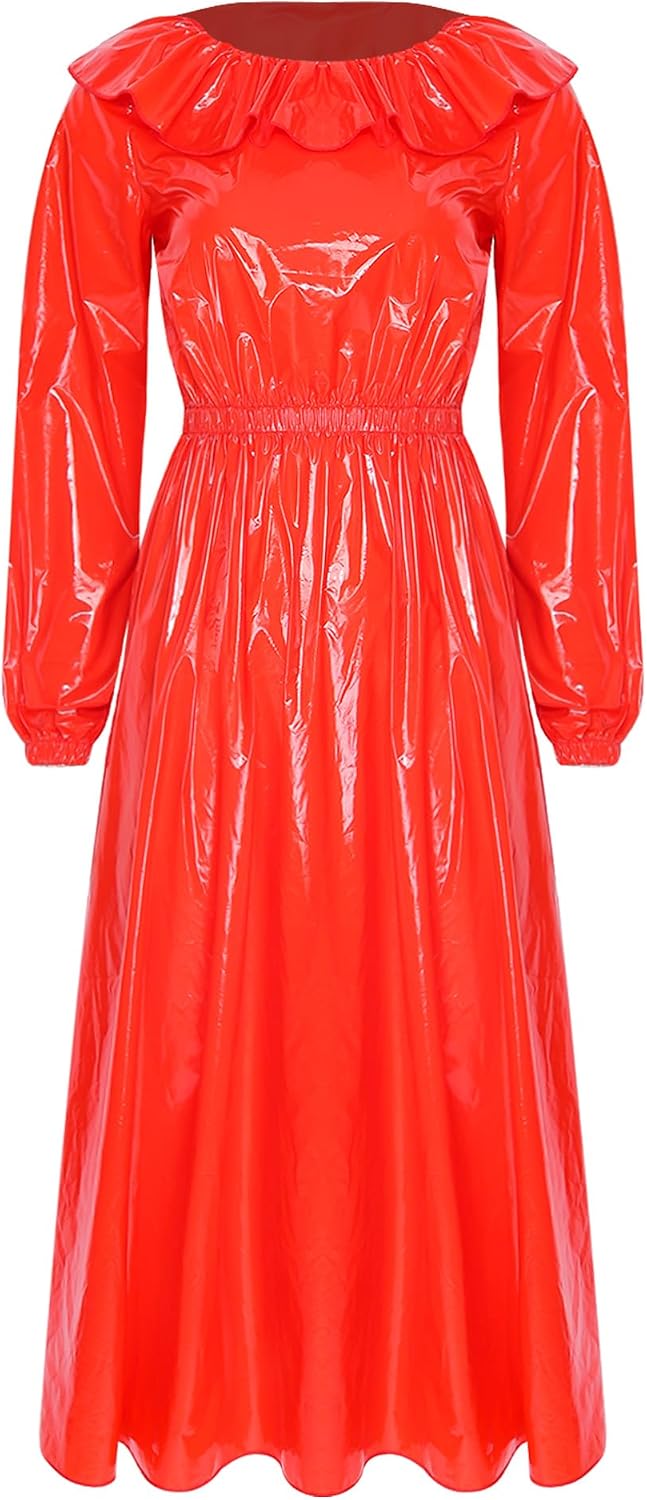 Jugaoge Women Plastic Dress Babydoll Lingerie Sleeping Dress | Nightie,Nightdress,Long Sleeve,Crew Neck,Soft Lightweight,Shiny Wet Looking,Ruffled Round Neckline,Pajamas Maxi Dress