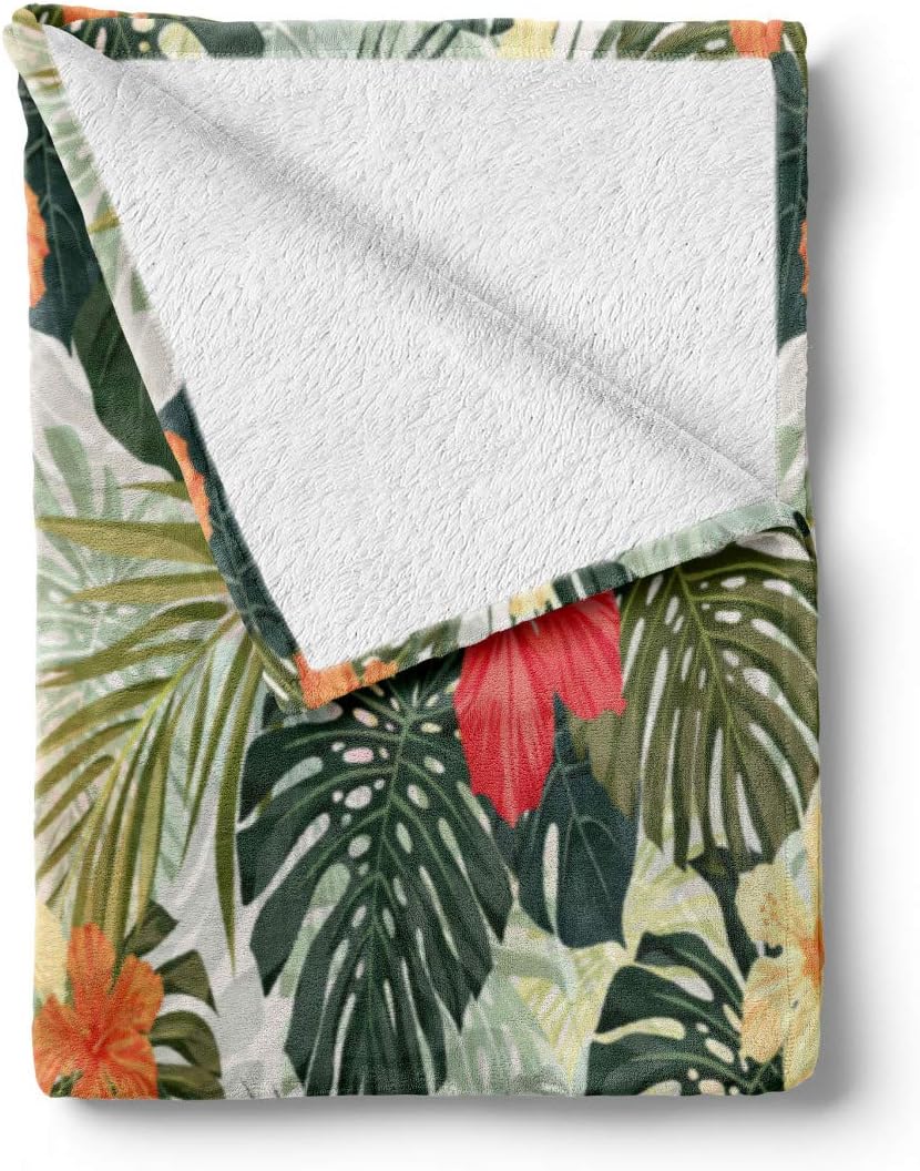 Lunarable Leaf Throw Blanket, Hawaiian Summer Tropical Island Vegetation Leaves Hibiscus Flowers, Flannel Fleece Accent Piece Soft Couch Cover for Adults, 50" x 70", Green Orange and Yellow