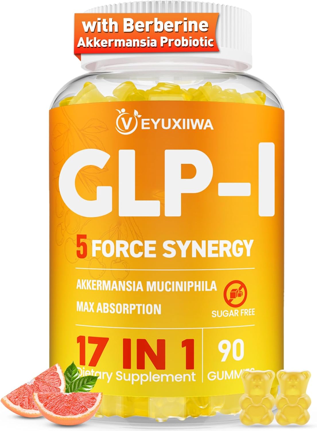 GLP-l Supplement for Women, 5X GLP-l Blends with Akkermansia Probiotic & Berberine, 17-in-1 High Efficiency GLP-l Probiotic Gummies , for Energy, Digestion & Gut, Yuzu Flavor, Sugar Free – 90 Gummies