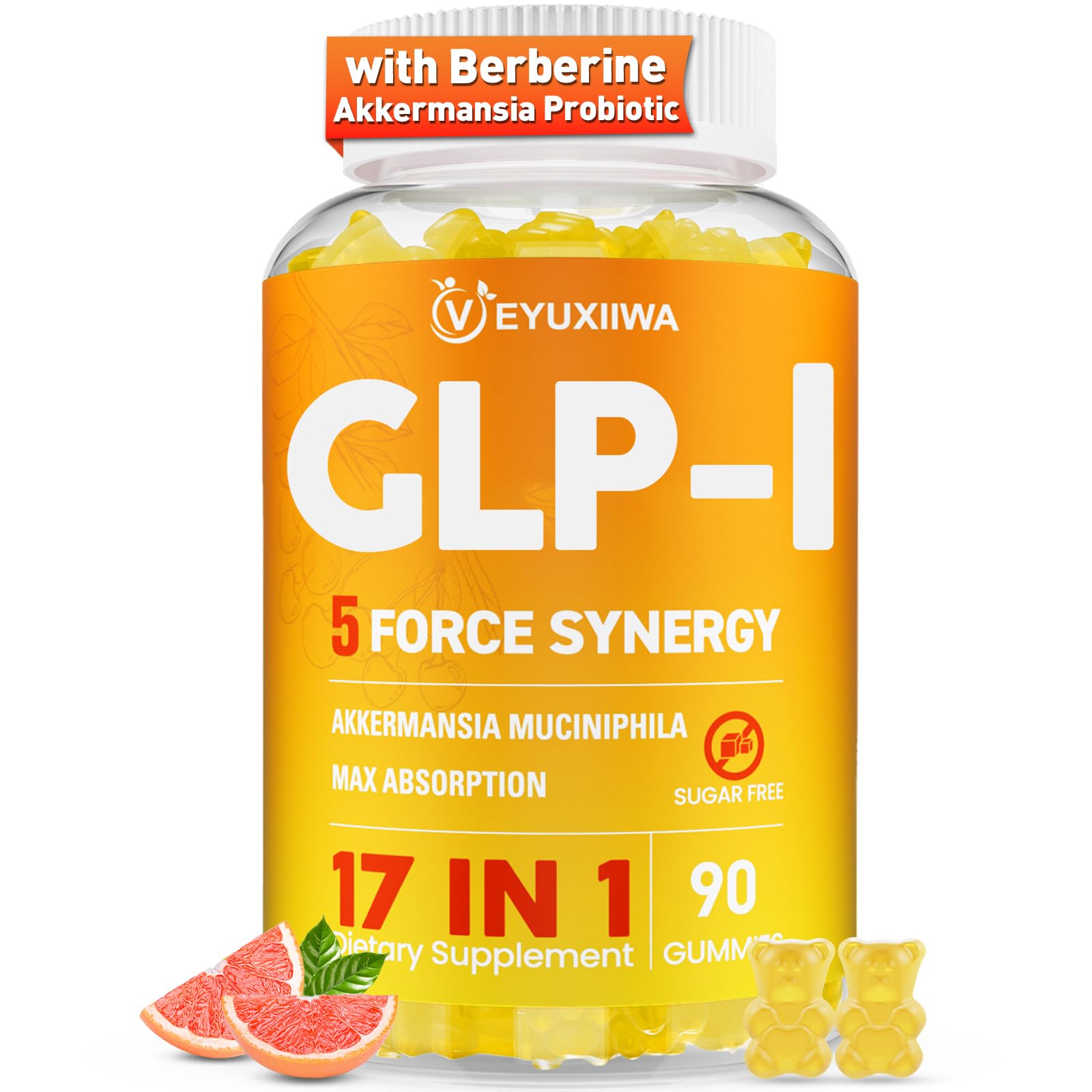 GLP-l Supplement for Women, 5X GLP-l Blends with Akkermansia Probiotic & Berberine, 17-in-1 High Efficiency GLP-l Probiotic Gummies , for Energy, Digestion & Gut, Yuzu Flavor, Sugar Free - 90 Gummies