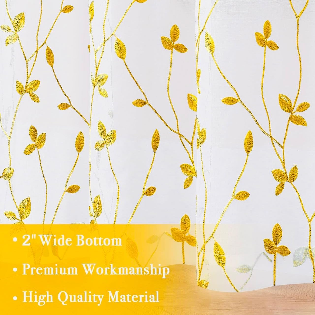 WUBODTI Spring Yellow Leaf Patterned Sheer Curtains 72 Inches Long 2 Panels Set for Living Room, Rod Pocket Country Light Filtering Faux Linen Embroidered Floral Curtains for Bedroom Dining Room
