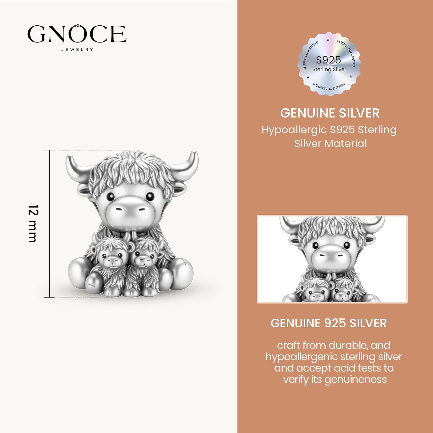 GNOCE Scottish Highland Cow Embraces Calves Cute Love Charm For Women, S925 Sterling Silver Bead Charm Bracelet for Her, Mother's Day Jewelry Gift Animals