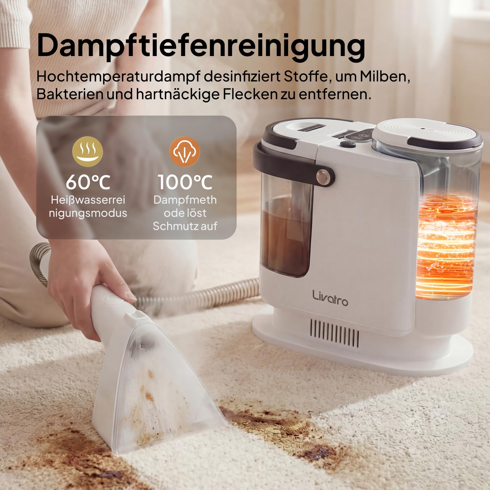 Livatro Polsterreiniger Gerät Nasssauger Waschsauger, 15 KPa Nasssauger Polsterreiniger, 1,6 L Wassertank, Kompakter Dampfreiniger Polstermöbel, Selbstreinigung, für Teppiche, Sofa, Vorhänge, Auto