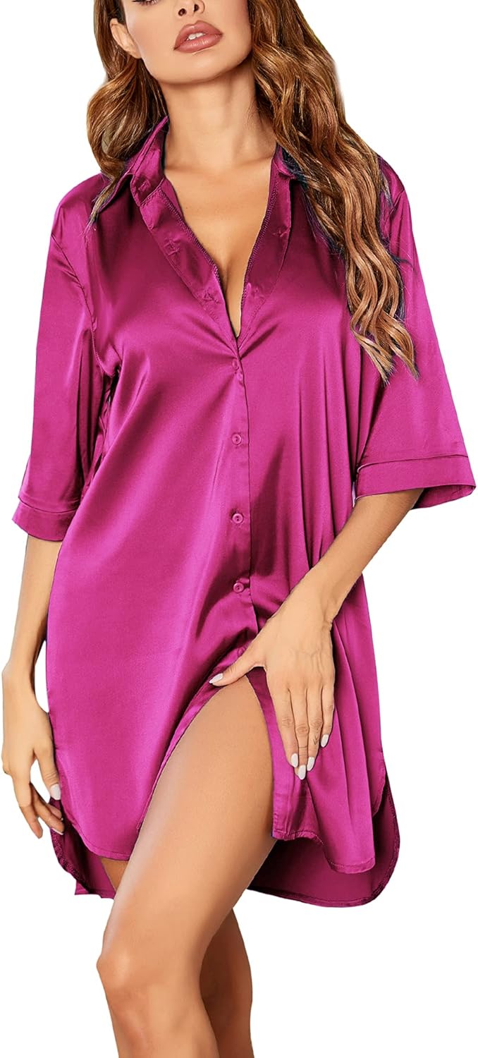 Ekouaer Women's Satin Nightshirt Button Down Sleepshirt Silk 3/4 Sleeve Nightgown Boyfriend Notch Collar Sleepwear S-3XL