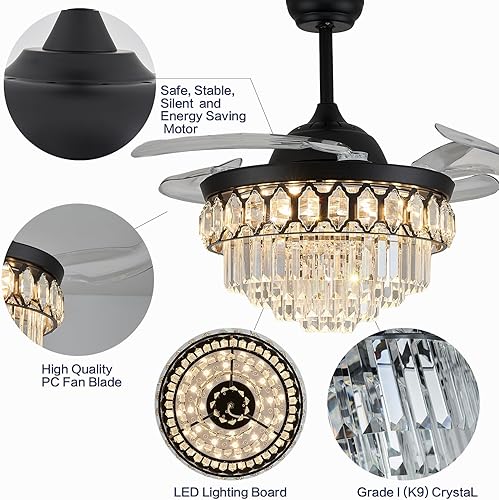 Miniatura 5 de Ventiladores de techo LED de cristal negro regulable de 36 pulgadas con luces y control remoto, moderno kit de ventilador de iluminación de techo