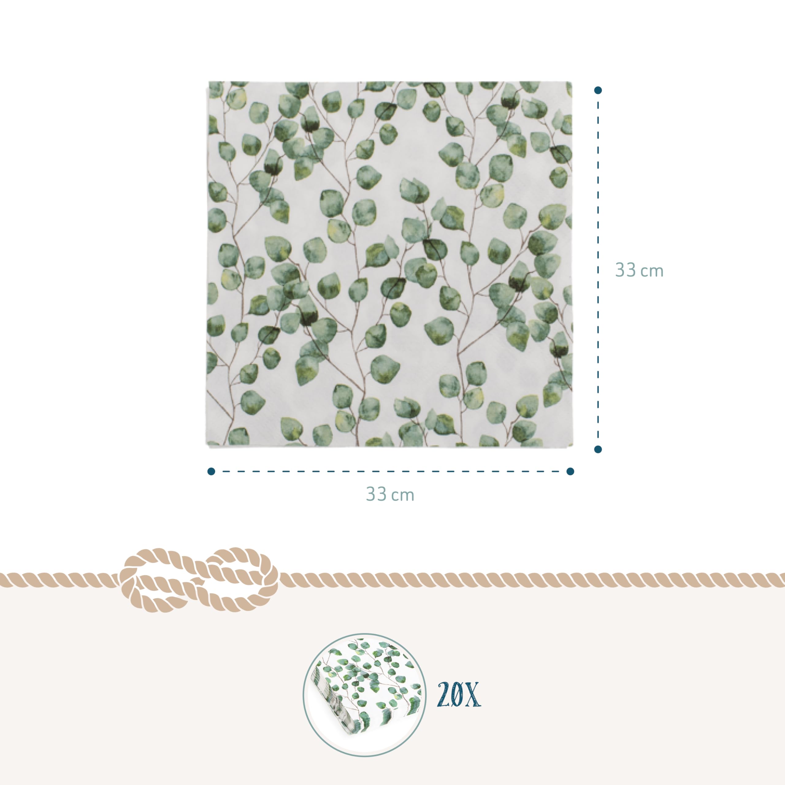 Lot De 20 Serviettes Papier Eucalyptus Vertes Blanches 33x33cm - Décoration Table Mariage Baptême