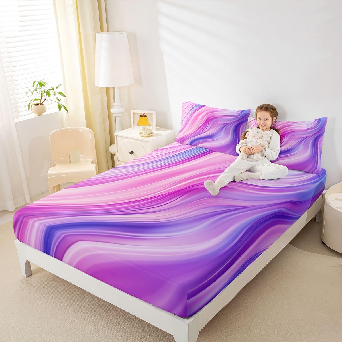 Manfei Juego de sábanas bajeras de 3 piezas estilo bohemio, teñido anudado, con 2 fundas de almohada, decoración de habitación de niños y niñas, color pastel fluido, suave, 3 piezas (sin plana)
