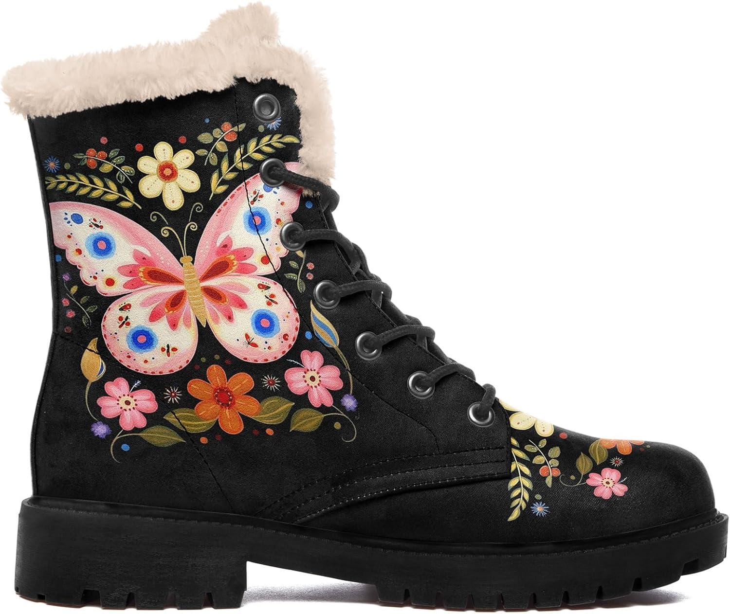 Boho Women’s Winter Boots with Floral Butterfly Prints, Slip-Resistant, Warm & Comfortable Cold Weather Snow Footwear