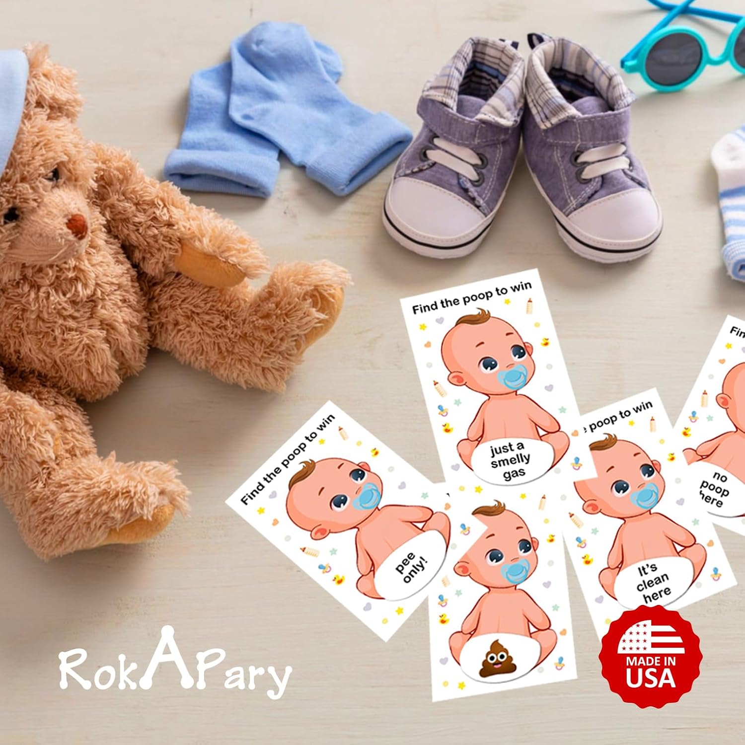 RokAPary Poop Boy Baby Shower Scratch Off Game, Find The Poop to Win Easy to Play Silly Games, Funny Idea, Ice Breaker Activity. DIY Raffle Cards, Blue Pacifier, Set of 40 Cards Made in USA
