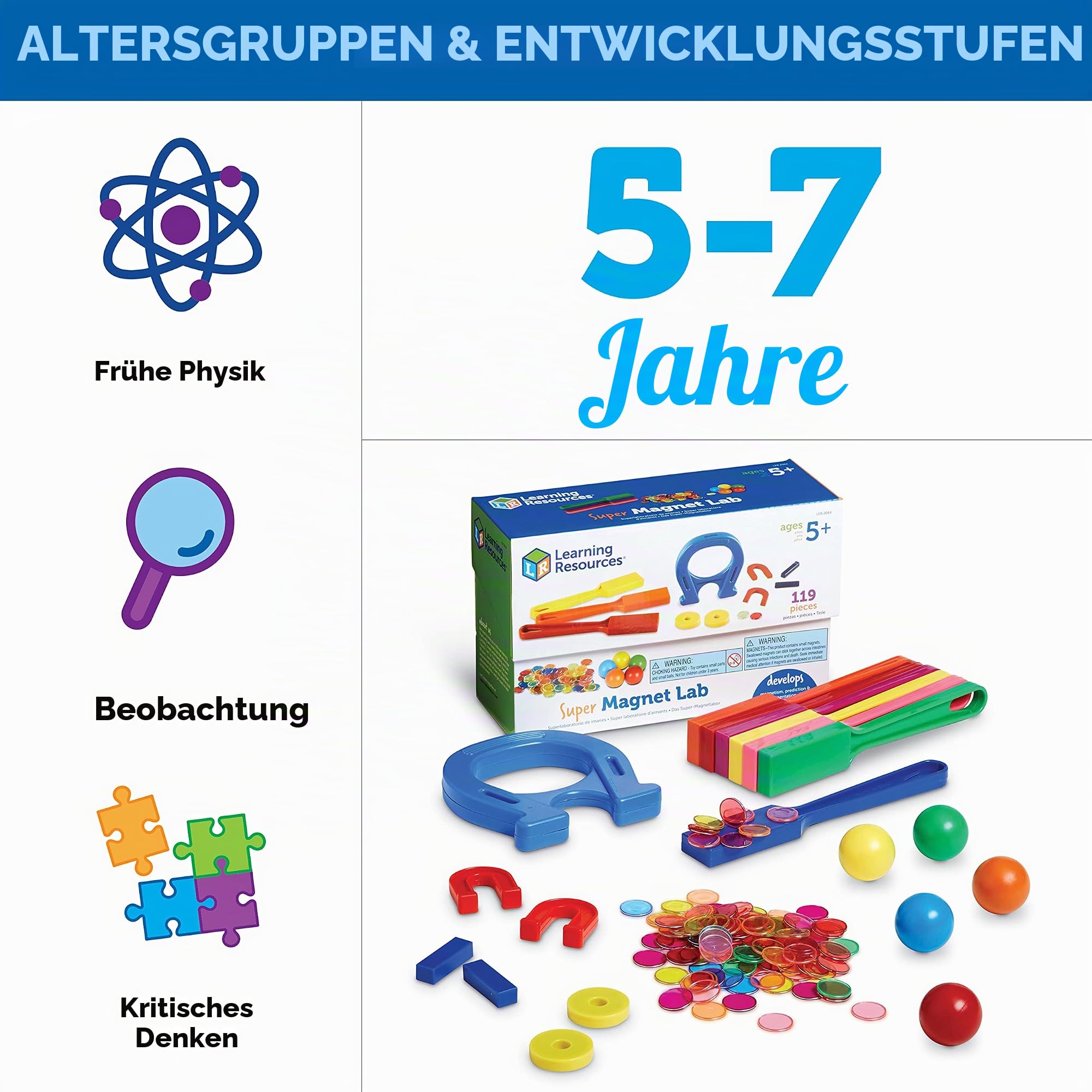 Learning Resources Super Magnet Lab, ab 5 Jahren, Magnetismus Lernspielzeug für Kinder, 119-teiliges Set für naturwissenschaftliche Experimente & spielerische STEM-Förderung