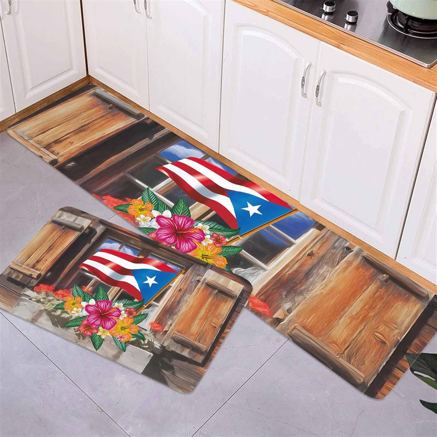 Chucoco Puerto Rico Flag Hibiscus Flower Kitchen Rugs and Mats Vintage Wood House 2 Piece Comfort Standing Floor Mat Non Slip Absorbent Doormats for Laundry/Bathroom/Bedroom Decor Wooden Plank
