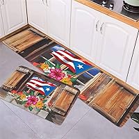 Vista 3 de Alfombras y tapetes de cocina con diseño de flor de hibisco con bandera de Puerto Rico, 2 piezas, tapete de madera para casa, cómodo