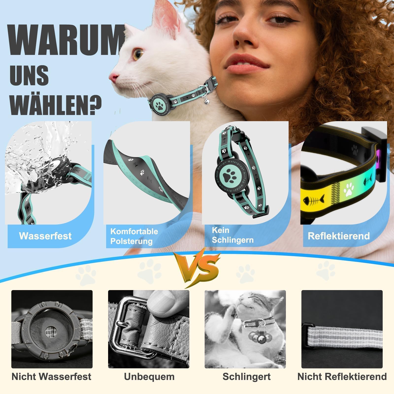 Katzen Tracker (iOS & Android), SmartTag Tracker Haustierhalsbänder Ohne ABO für Katze, Wasserdicht GPS Katzenhalsband Ortungsgerät (1 Pack)